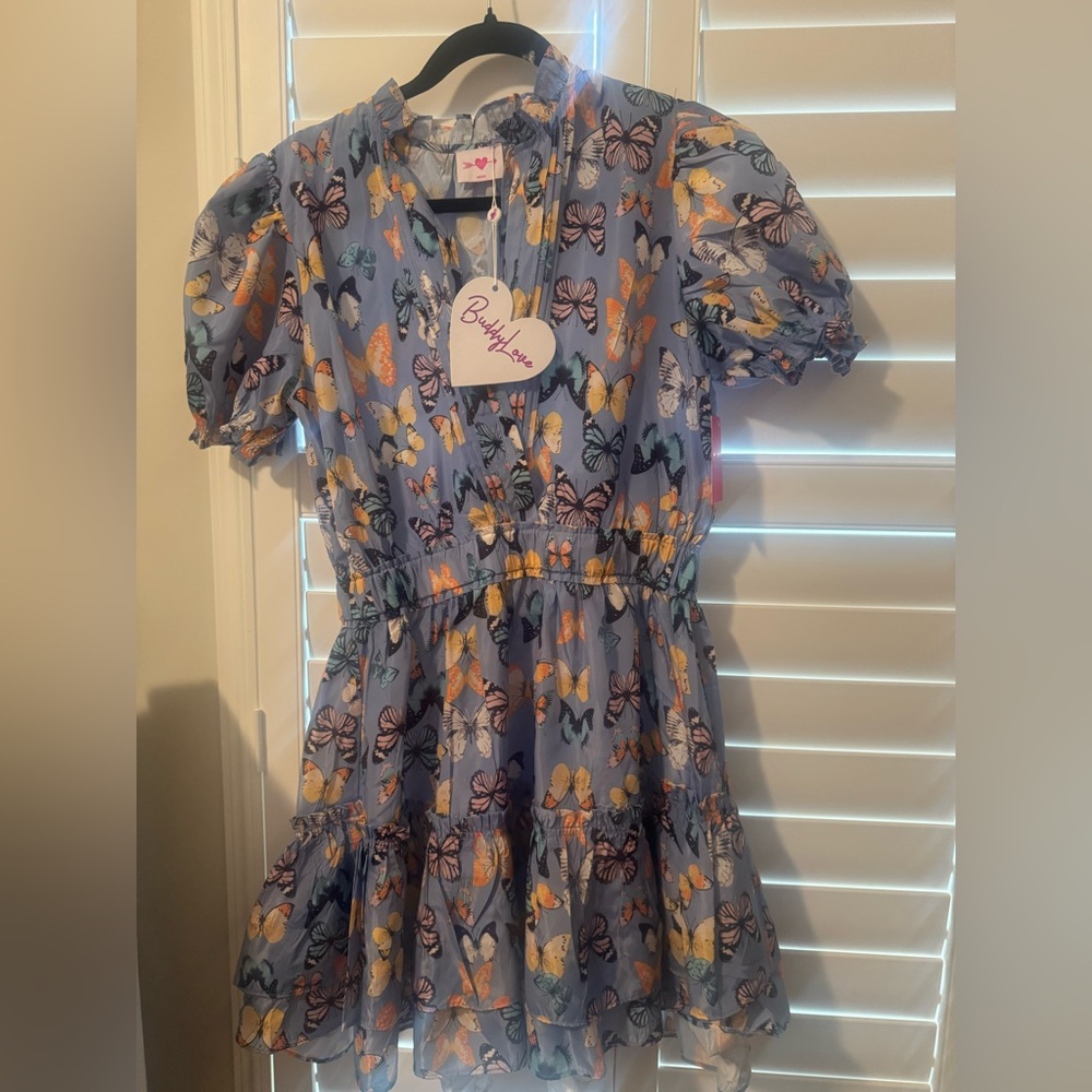 Buddy Love Blue Butterfly Puff Sleeve Sundress
